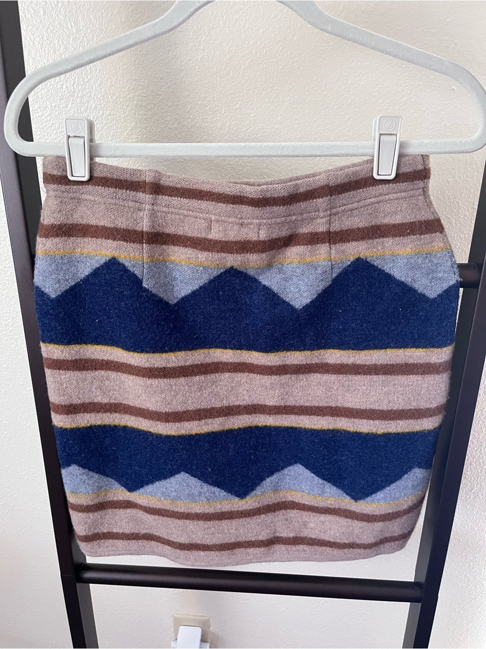 Woo Striped Geometric Knit Mini Skirt in Navy and Taupe - Picture 2 of 4